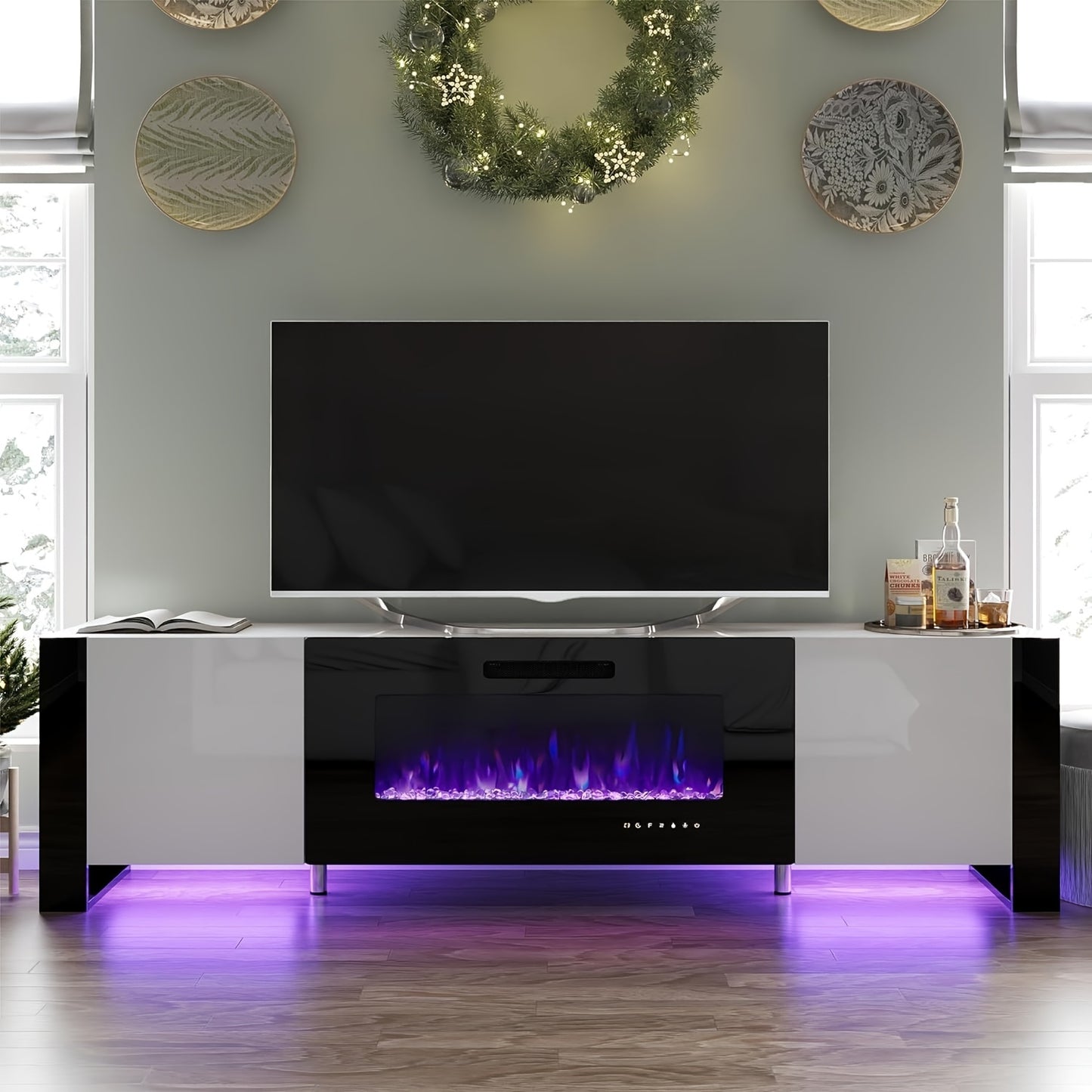 70" White Modern Fireplace TV Stand - Sleek Entertainment Center with Built-in Electric Fireplace, LED Lights, and Space for Modern TVs