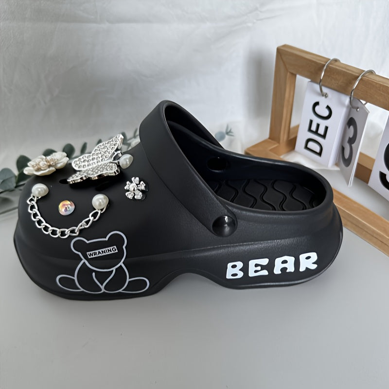 Casual Cartoon Bear Pattern Mules & Clogs for Women, Breathable EVA Platform Heel Clogs with Bow Embellishment, Versatile Indoor/Outdoor Fashion Footwear - Quanzhou Manufactured