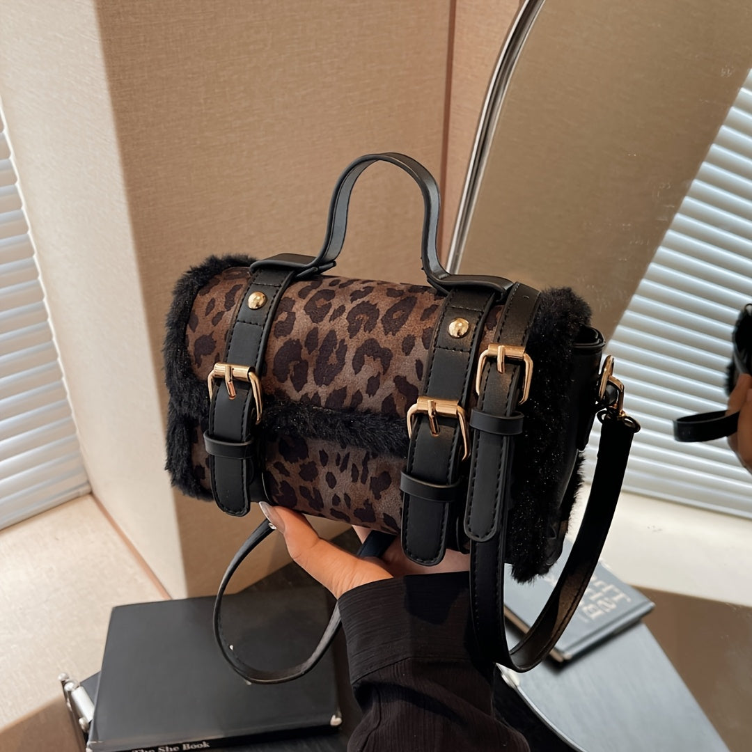 Fashion Leopard Print Crossbody Bag, Faux Leather Shoulder Messenger Handbag, Chic Solid Color with Faux Fur Trim, with Magnetic Closure and Polyester Lining, for Occasion-Ready Accessory