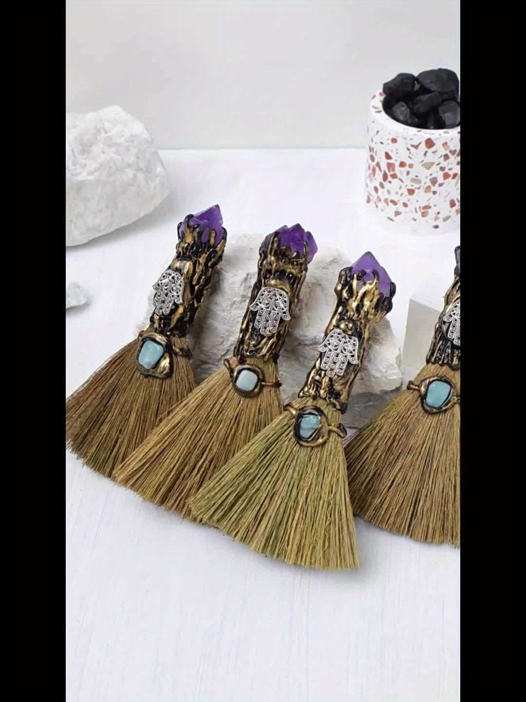 Bohemian Style Handcrafted Amethyst Crystal Mini Broom - Perfect for Halloween Decor, Witchy Home Accent & Reiki