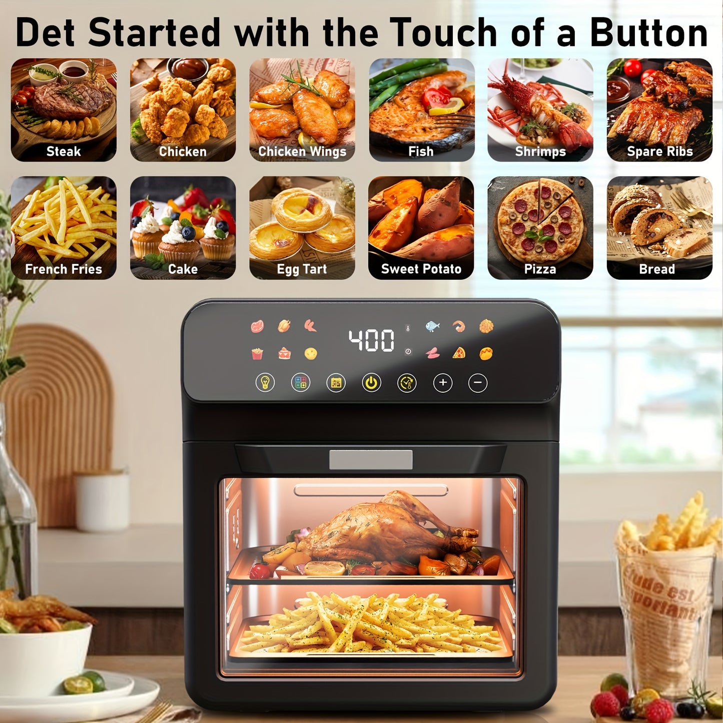 12QT Air Fryer Convection Oven with 10-in-1 Multi Function, Visible Window, Touchscreen, Healthy Choice, Easy to Clean, One-Touch Operation, Grey