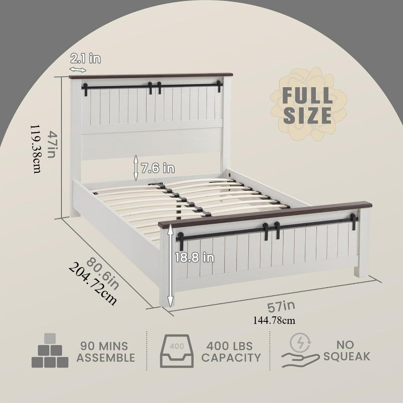 Farmhouse Full Size Bed Frame with 47" Headboard Wood Bed Frame with Groove Sliding Barn Door Footboard Platform Bed with Wood Slats Support No Box Spring Needed