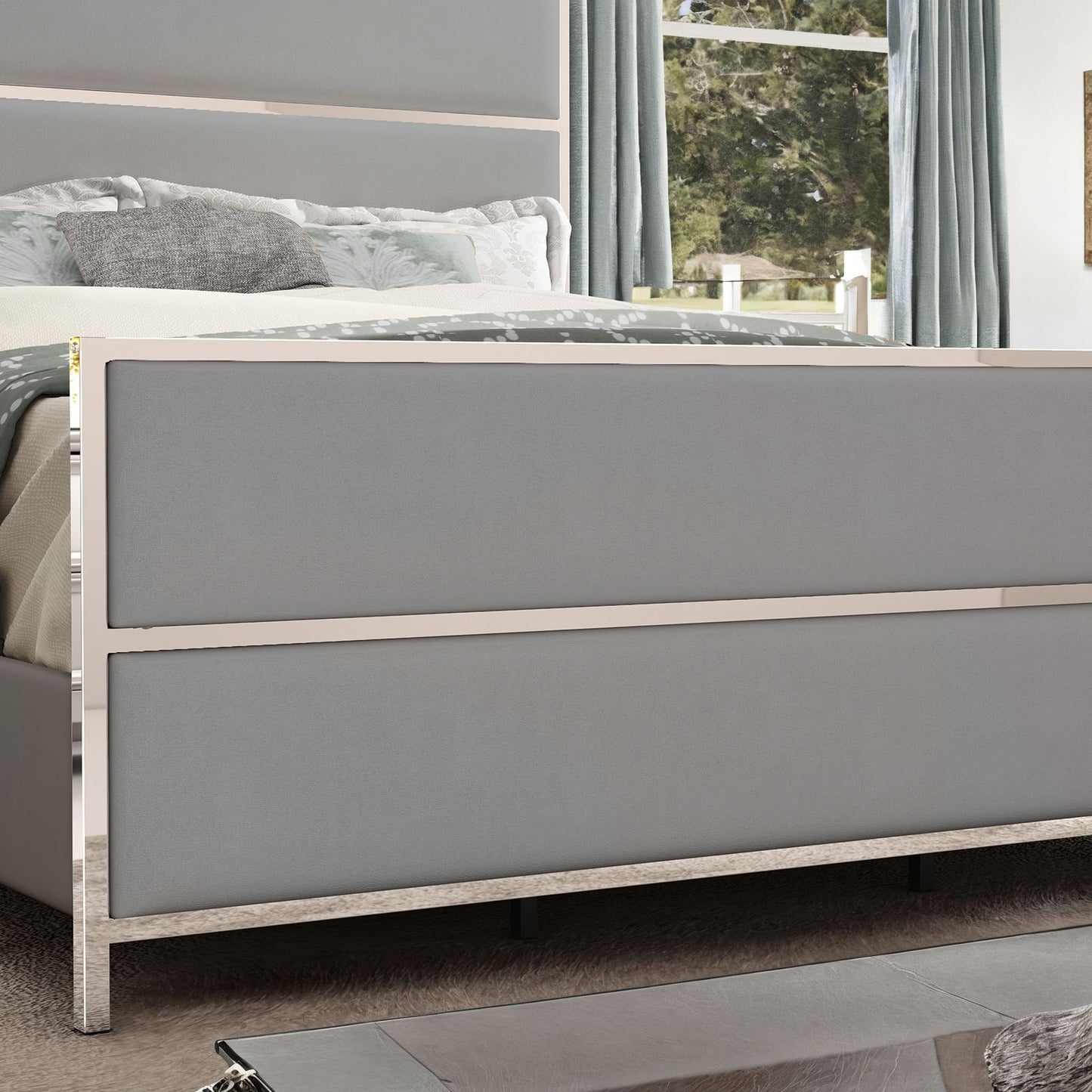 A Velvet Upholstered Platform Bed Frame comes with a 59" Tall Headboard and Footboard, emphasized by Silver Mirrored Plating - and a Box Spring is not necessary