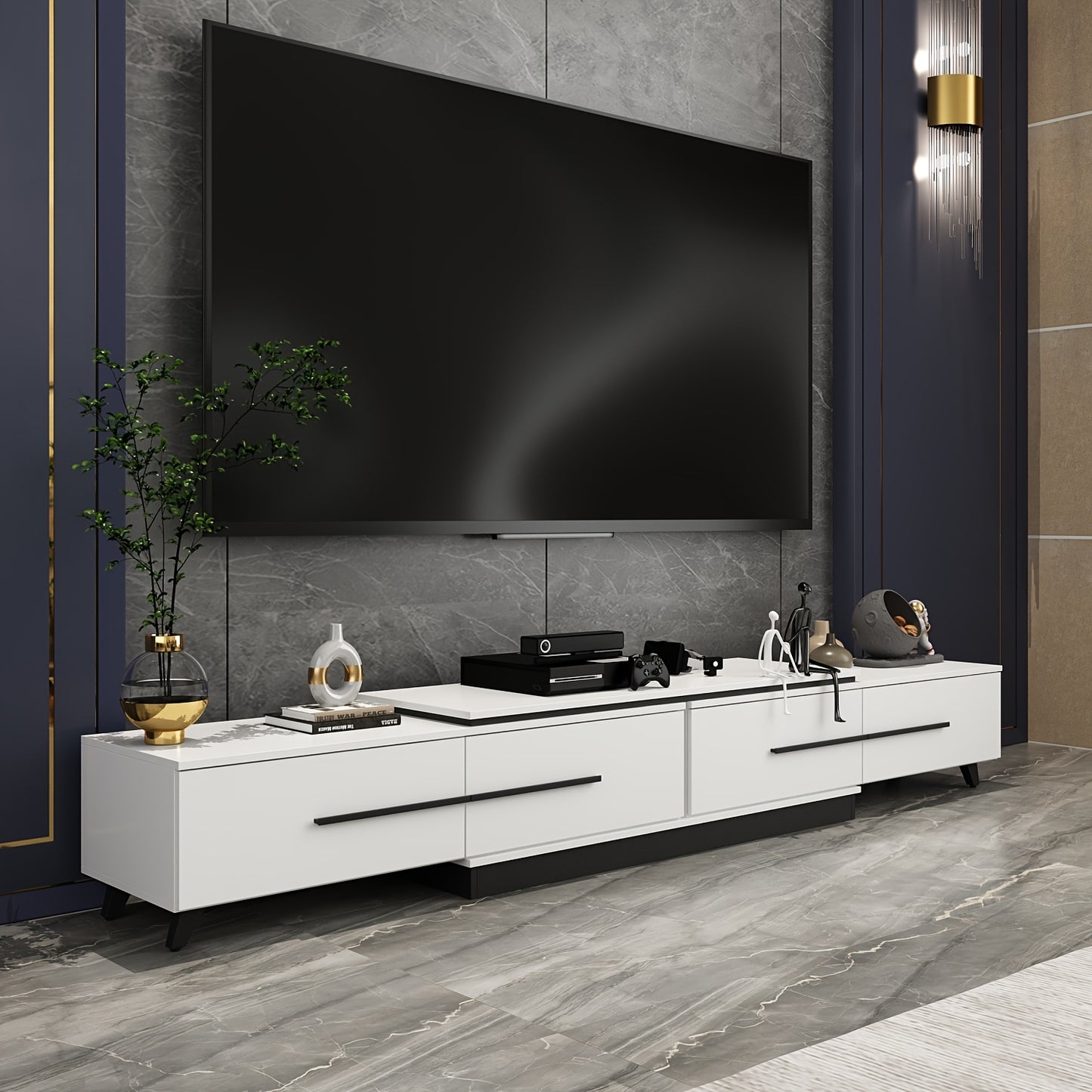 [Adjustable Design, Veneer Finish] Modern Adjustable TV Console & Media Cabinet - Spacious Storage with Drawers, Tripods, and Veneer Finish - Living Room Entertainment System