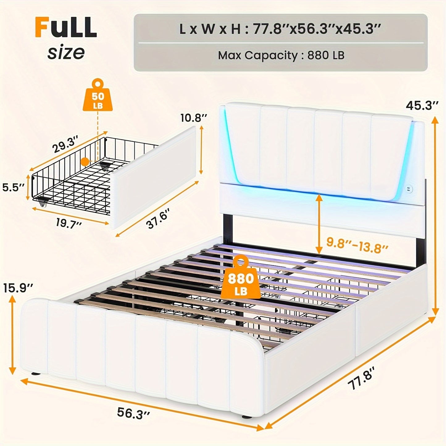 Queen Bed Frame With Storage Drawers And LED Lights, Upholstered Platform Bed Frame Queen Size With Height Adjustable Headboard, No Box Spring Needed, Cream White