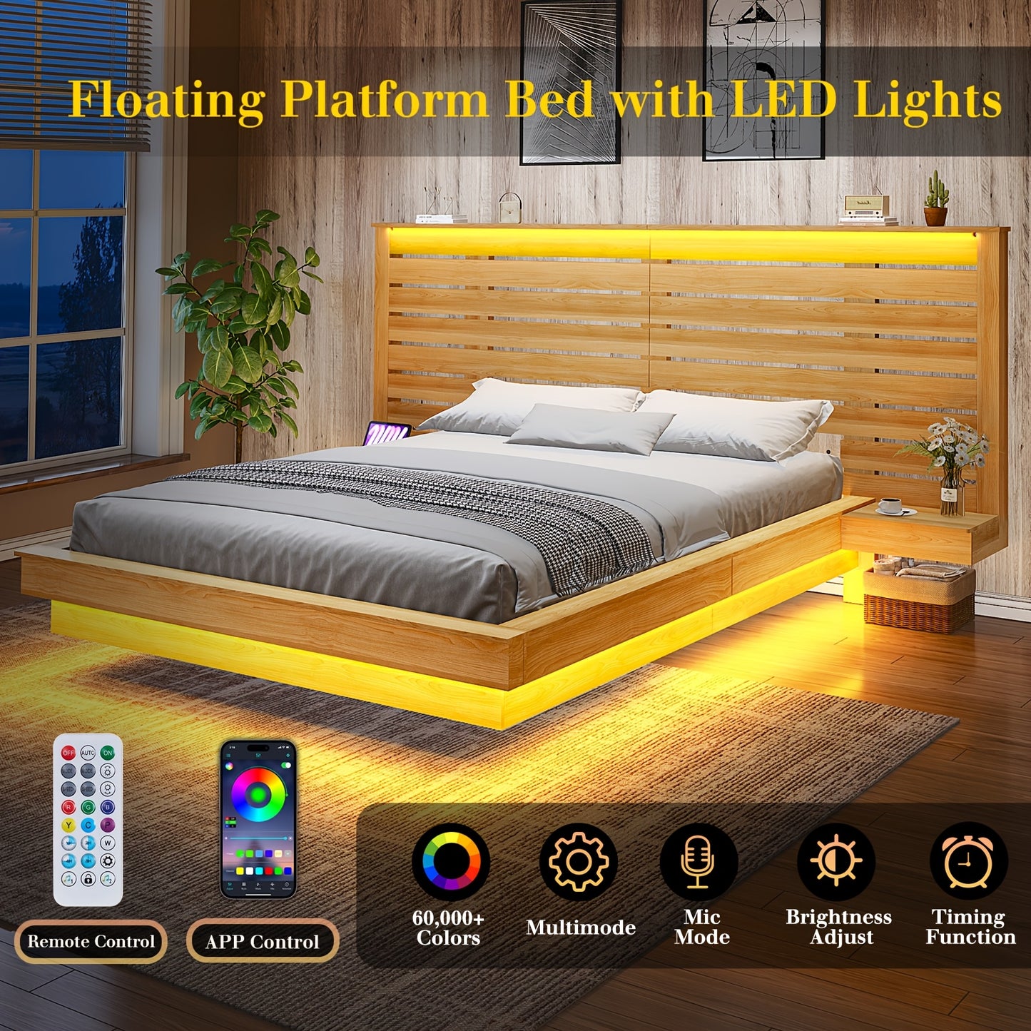 1pc LUXOAK Farmhouse Full-Size Floating Platform Bed Frame with LED Lights & Charging Station, Silent Operation, No Box Spring Needed, Includes Nightstands & Headboard