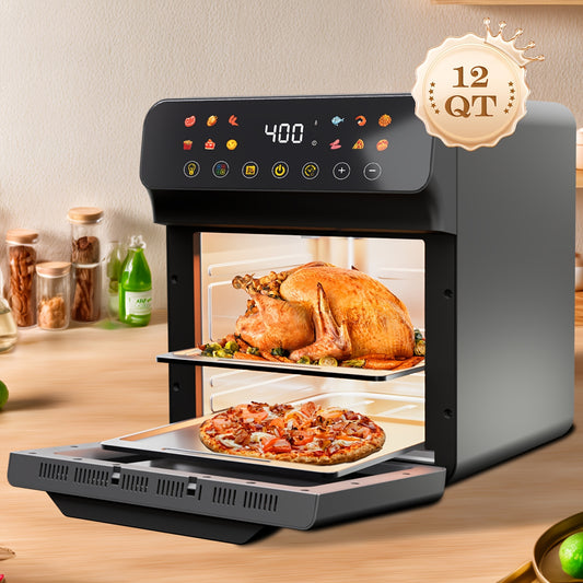 12QT Air Fryer Convection Oven with 10-in-1 Multi Function, Visible Window, Touchscreen, Healthy Choice, Easy to Clean, One-Touch Operation, Grey