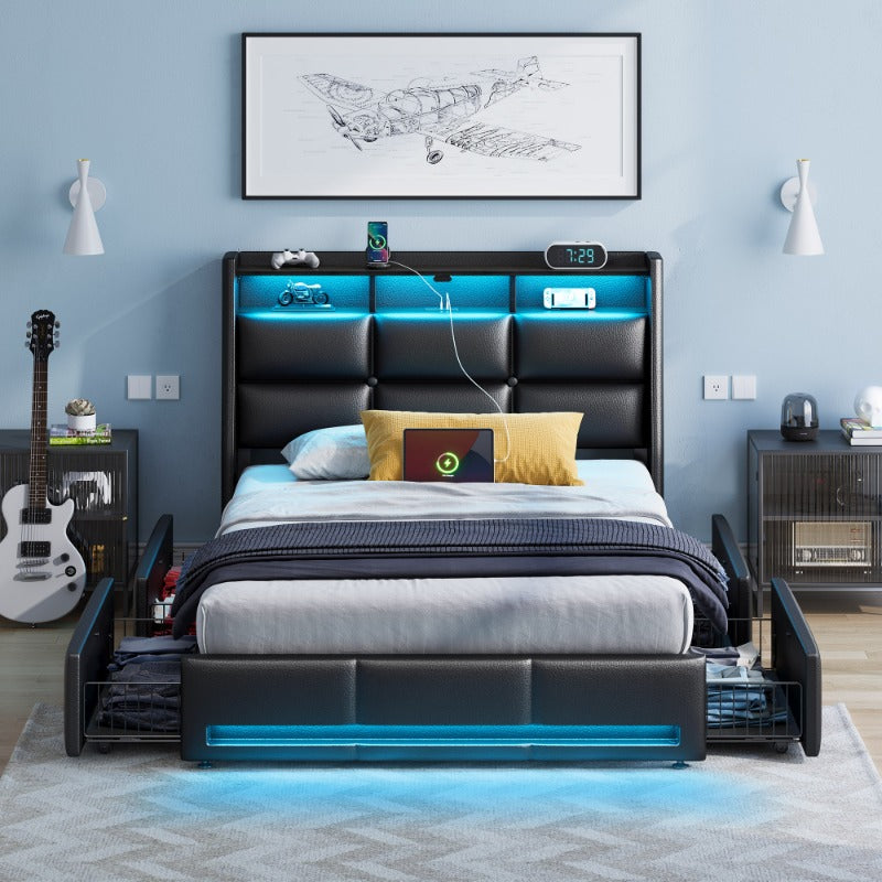 Bed Frame, Storage Headboard with Charging Station & LED Lights Bed Storage Headboard & Drawers, Heavy Duty Wood Slats, Easy Assembly