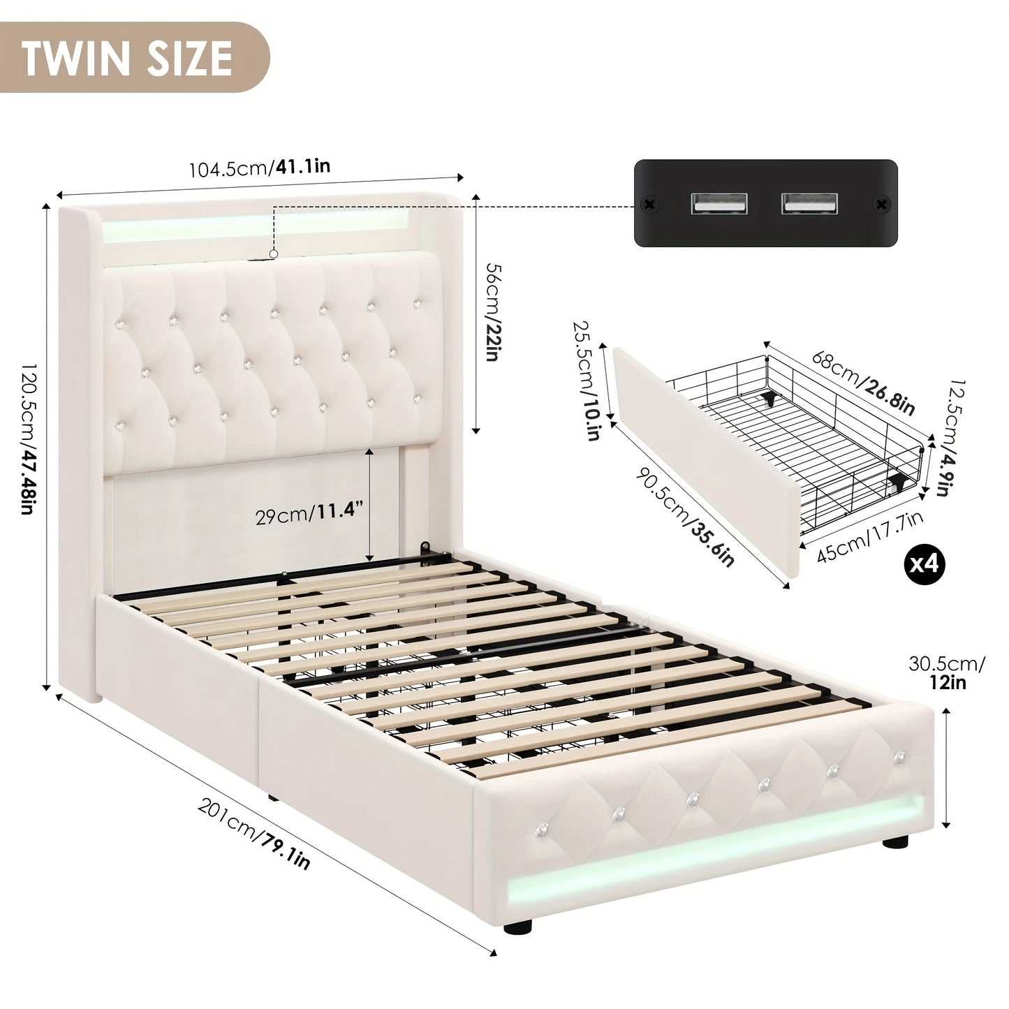 FULTRU Bed Frame with Outlets and USB Ports, Headboard & Footboard with LED, 4 Storage Drawers Modern Wingback Crystal Button Tufted Velvet Upholstered Platform Bed Frame