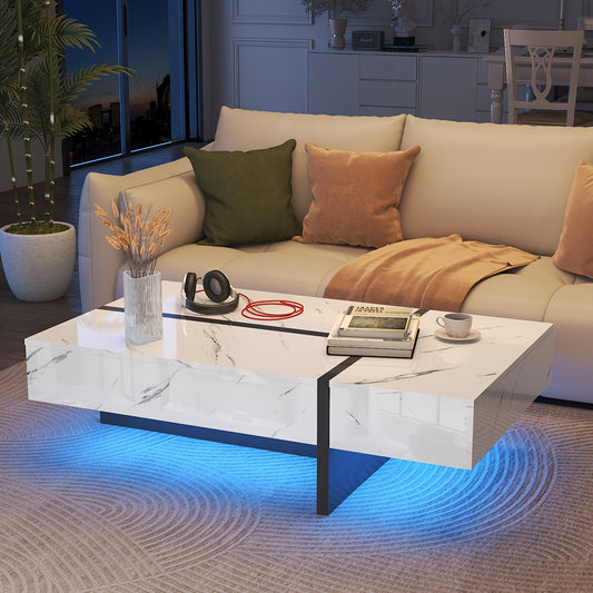 47" Rectangular Coffee Table With LED Light And Storage Drawers, Modern High Gloss Coffee Tables For Living Room