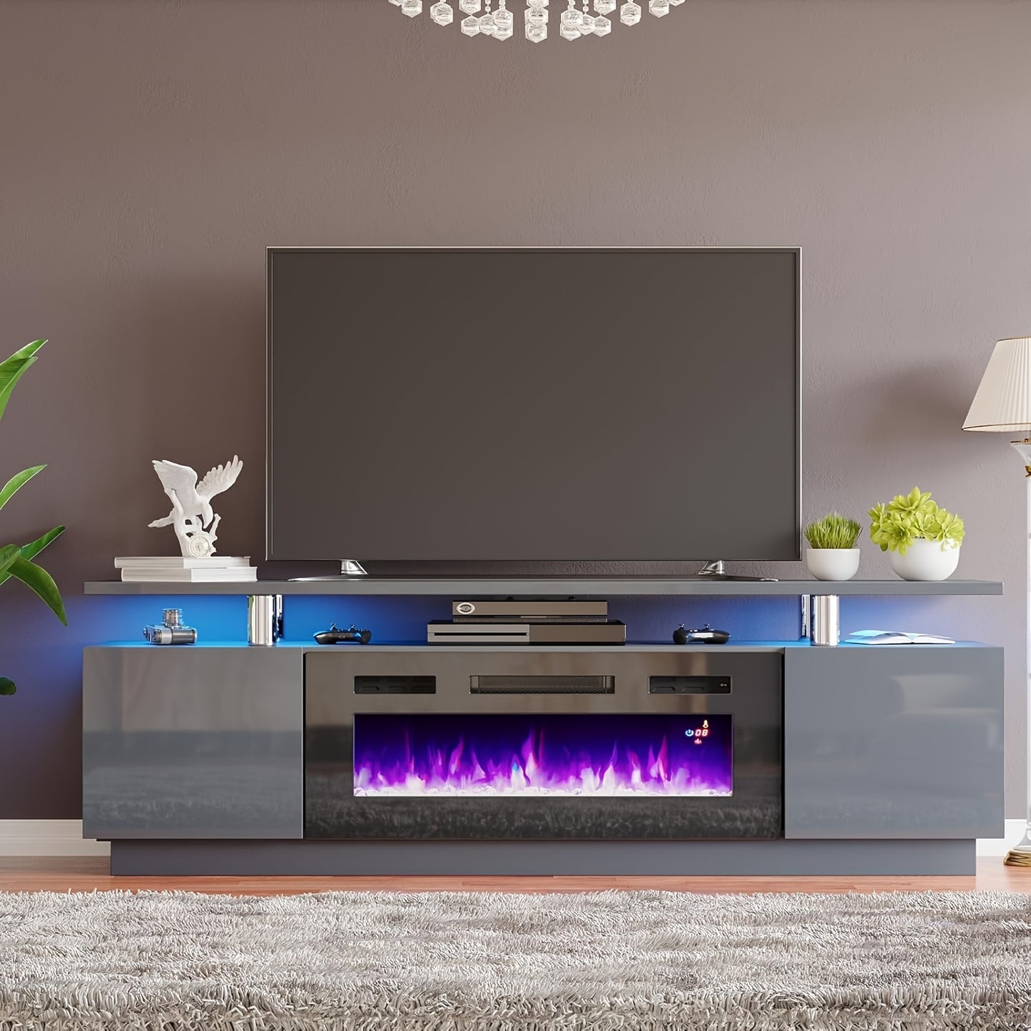 LUXOAK Modern TV Stand With 36" Electric Fireplace, High Gloss Media Console With Open Storage, LED Lights - Entertainment Center For TVs Up To 80"