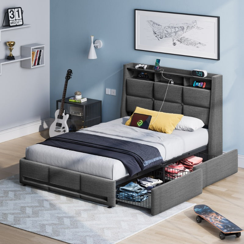 Bed Frame, Storage Headboard with Charging Station & LED Lights Bed Storage Headboard & Drawers, Heavy Duty Wood Slats, Easy Assembly