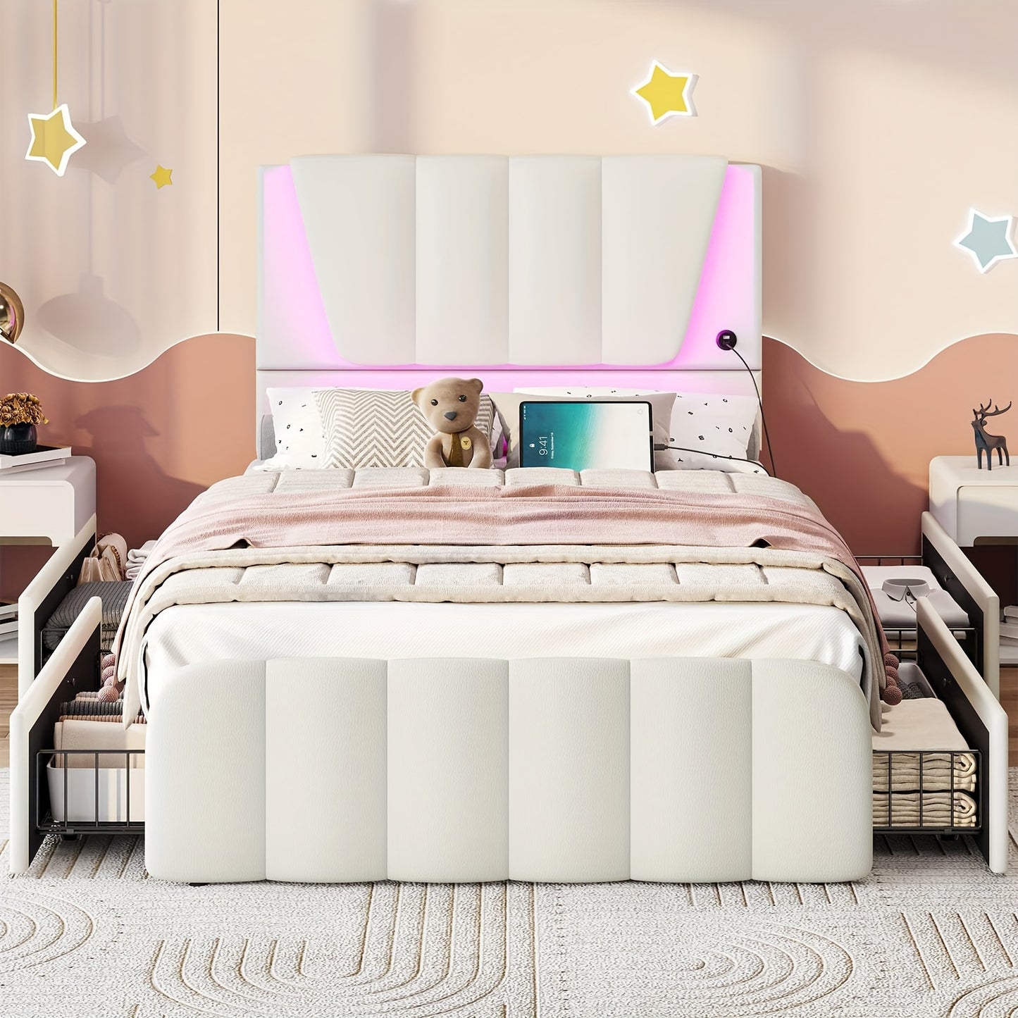 Twin Bed Frames With Storage Drawers And LED Lights, Bed Frame Twin Size With Height Adjustable Headboard, No Box Spring Needed, Cream White/Black