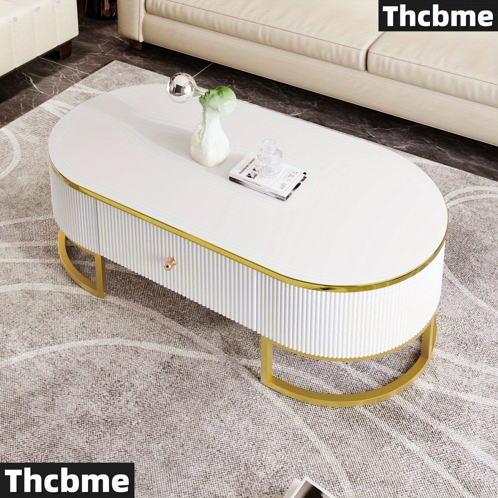 [1 Modern Oval Coffee Table] Thcbme Modern Oval Coffee Table, Wood Frame & Top, Space-Saving Curved Profile Design, with 2 Large Drawers, Golden Metal Accents, for Living Room, Office, Bedroom - White & Golden