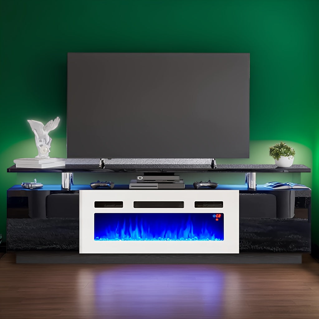 LUXOAK Modern TV Stand With 36" Electric Fireplace, High Gloss Media Console With Open Storage, LED Lights - Entertainment Center For TVs Up To 80"