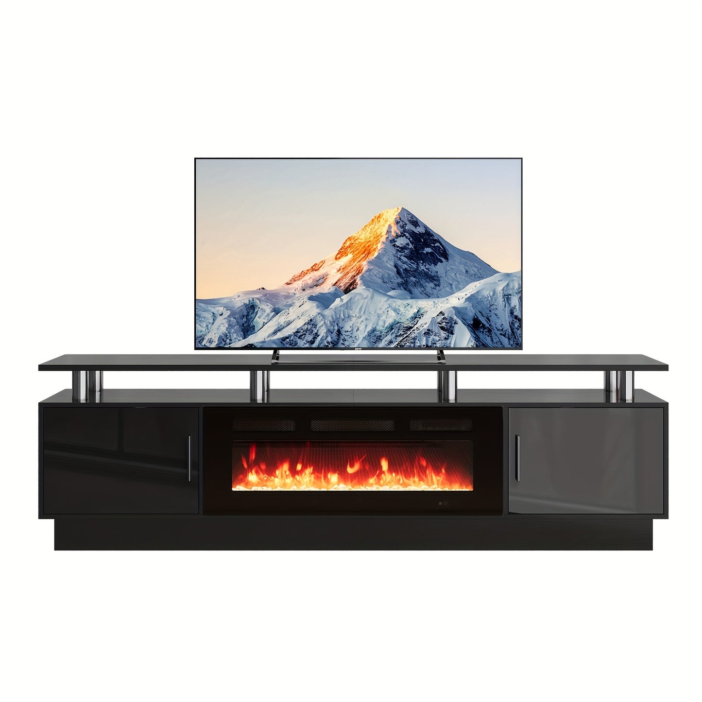 Luxury 80" Black Electric Fireplace TV Stand for Up to 90" TVs, LED Flame Effect & High-Gloss Finish, Modern Entertainment Center with Ample Storage, Easy Assembly