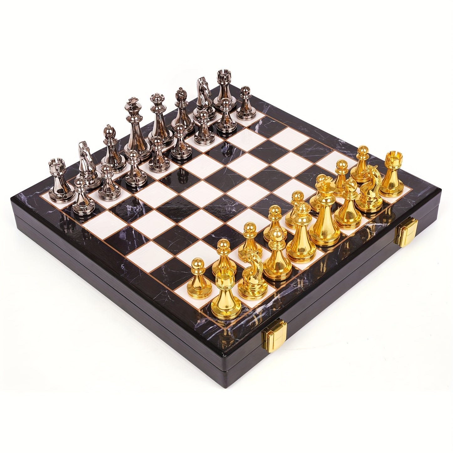 Metal Chess Set For Adults – Marbling Chess Board With Chess Pieces – Travel Chess Sets With Extra Queens With Zinc Alloy Metal Pieces – Ideal For Beginners And Professional Players