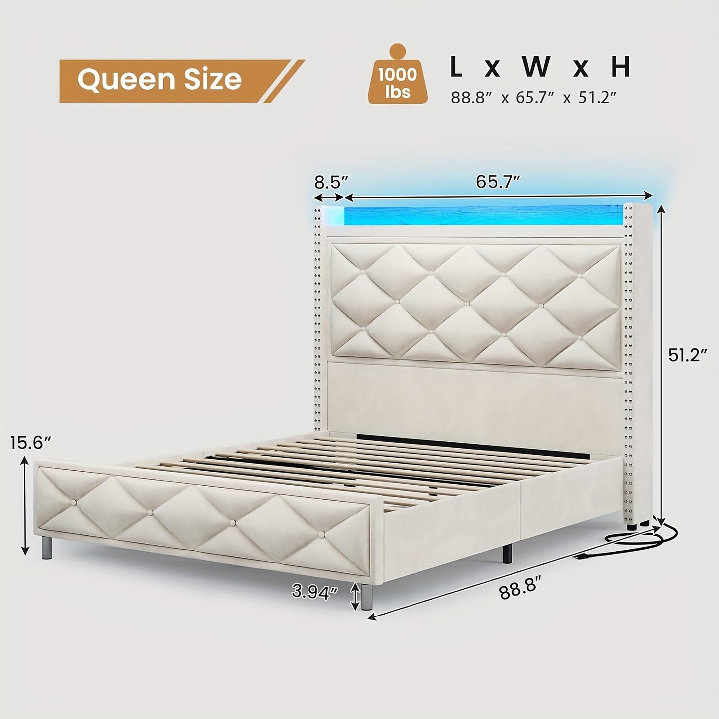 King/Queen Size Bed Fame With Tall Headboard And Charging Station, LED Platform Bed Frame With LED Lights Button Tufted Storage Headboard, No Box Spring Needed, White