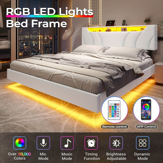 Modern White Floating Bed Frame with LED Lights & USB Charging Stations - Full/Queen Size, Faux Leather, No Box Spring Needed, Quiet Metal Support Legs, Remote Control & App-Controlled Color Customization for Bedroom Ambiance