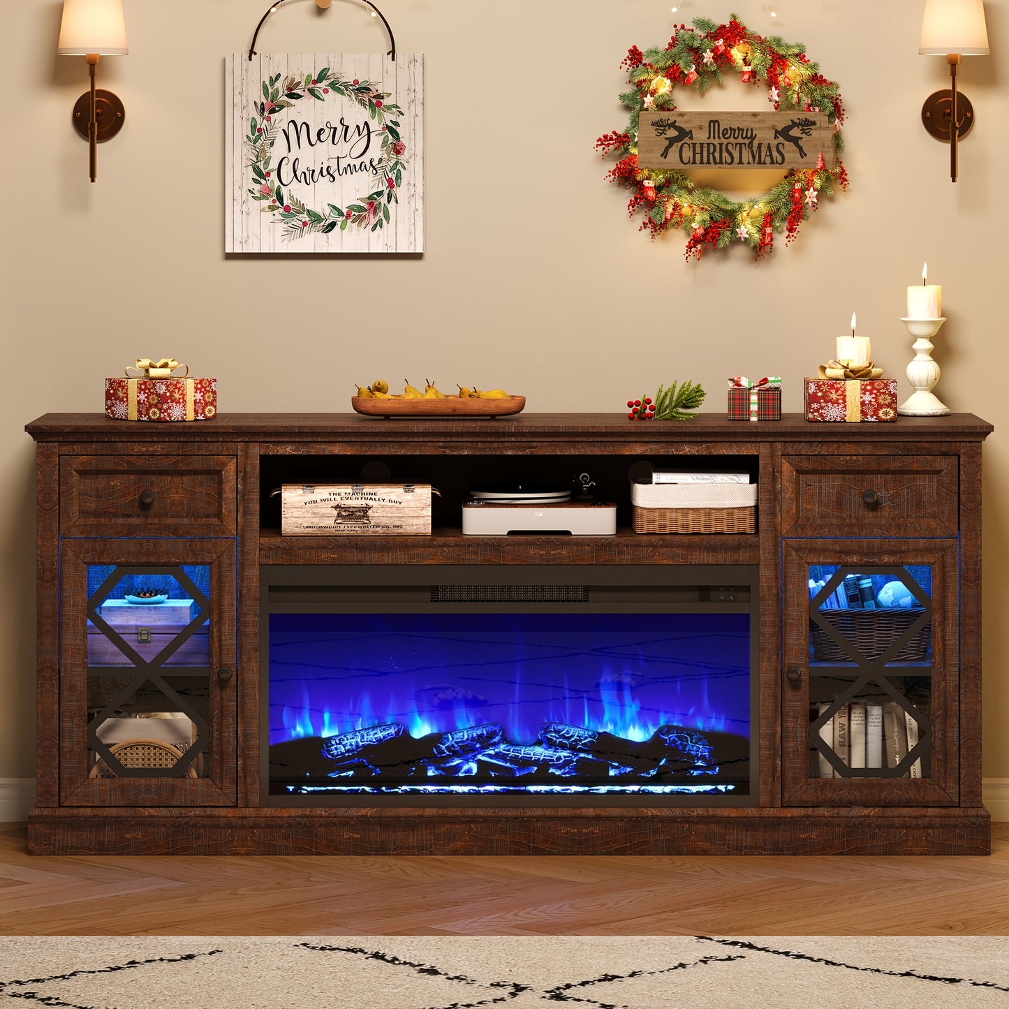 Rustic Farmhouse 70" TV Stand with 37" Electric Fireplace - LED Media Center for Up to 80" TVs, USB Powered, Hardwood Construction, Entertainment Center