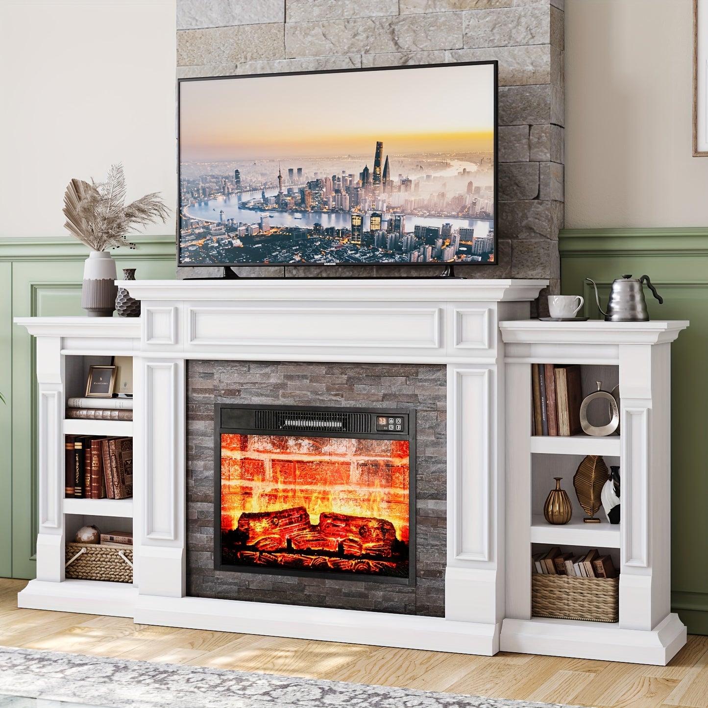 72" Electric Fireplace With Mantel, Fireplace TV Stand For TVs Up To 80 Inch, 1400W, Freestanding, Remote Control, Timer, Realistic Log And Flame Effect, Adjustable Temperature & Brightness For Home Bedroom Living Room Indoor