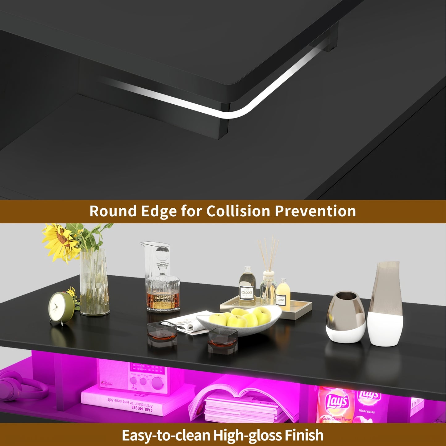 Xelsyo Modern LED Coffee Table with RGB Light System, 20 Colors & 4 Modes, High Gloss Finish, Double-Layer Storage & 4 Drawers, Suitable for Office, Living Room, 21.7"D X 35.4"W X 16.2"H