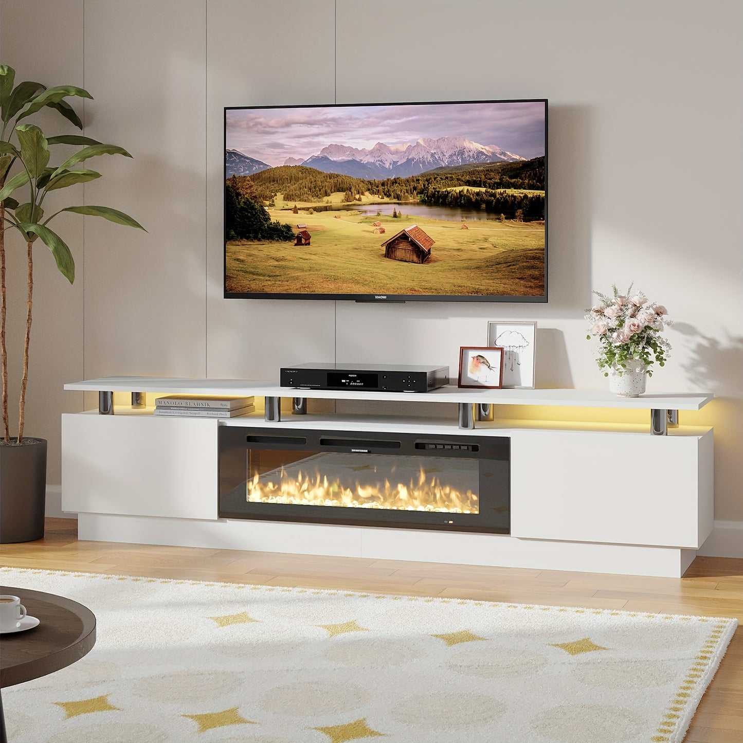 Fireplace TV Stand With 36" Fireplace, Modern High Gloss Fireplace Entertainment Center LED Lights, TV Console Cabinet For TVs Up To 80"