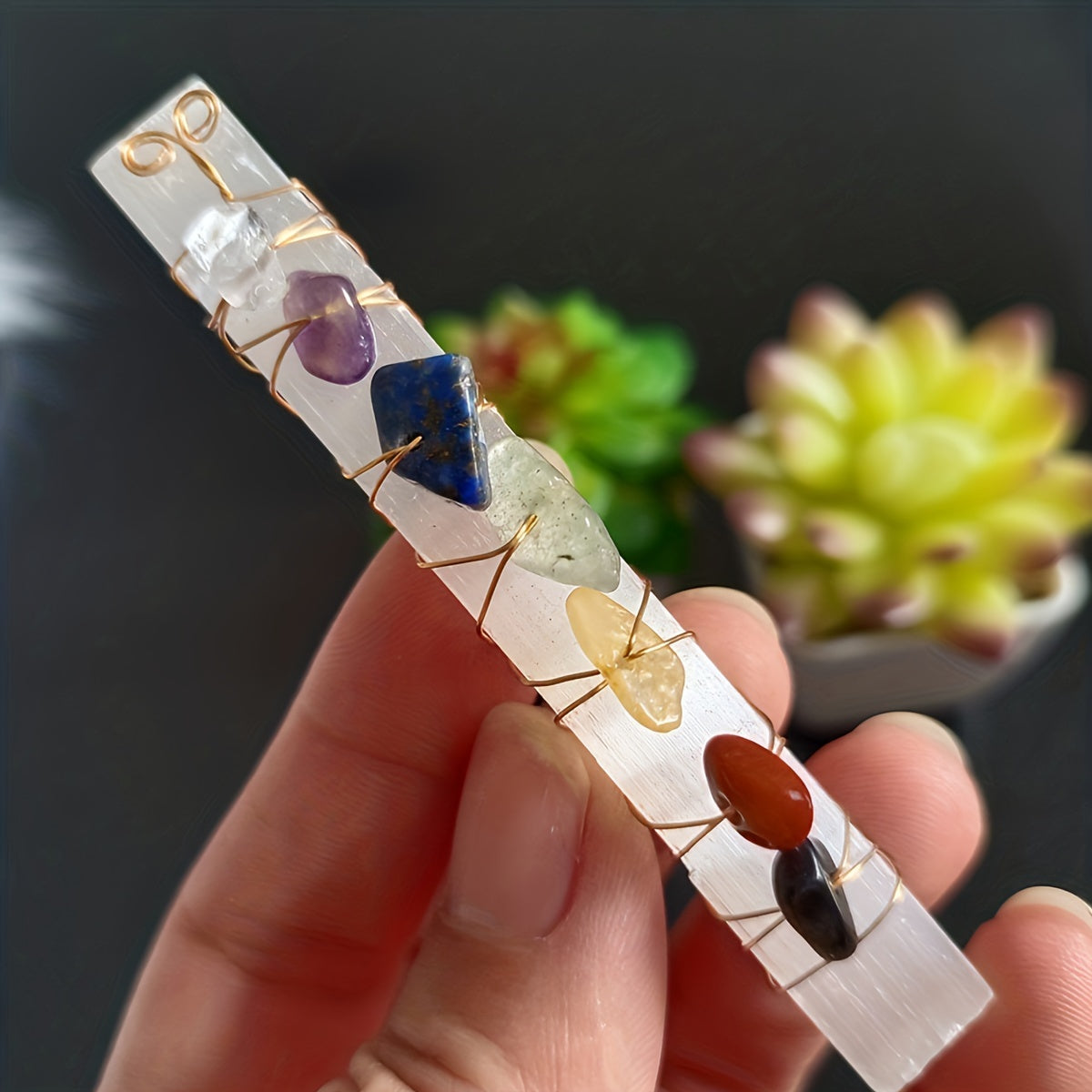 1pc Handmade Selenite Wand with Mixed Gemstone Chips & Copper Wire, Moroccan Selenite Healing Stone, Chakra Stone Arrangement, Spiritual Ornament for Meditation & Balance