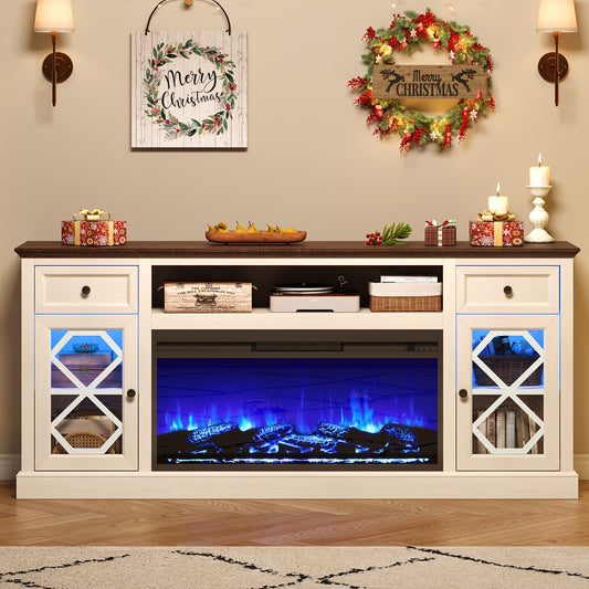 Rustic Farmhouse 70" TV Stand with 37" Electric Fireplace - LED Media Center for Up to 80" TVs, USB Powered, Hardwood Construction, Entertainment Center