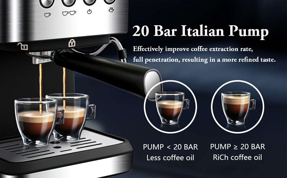 20 Bar Espresso Machine, Stainless Steel Espresso Coffee Machine For Cappuccino, Latte, Automatic Espresso Machine With 1.5L Removable Water Tank, Powerful Steam Wand, Built-In Milk Frother, One-Touch Single Or Double Shot