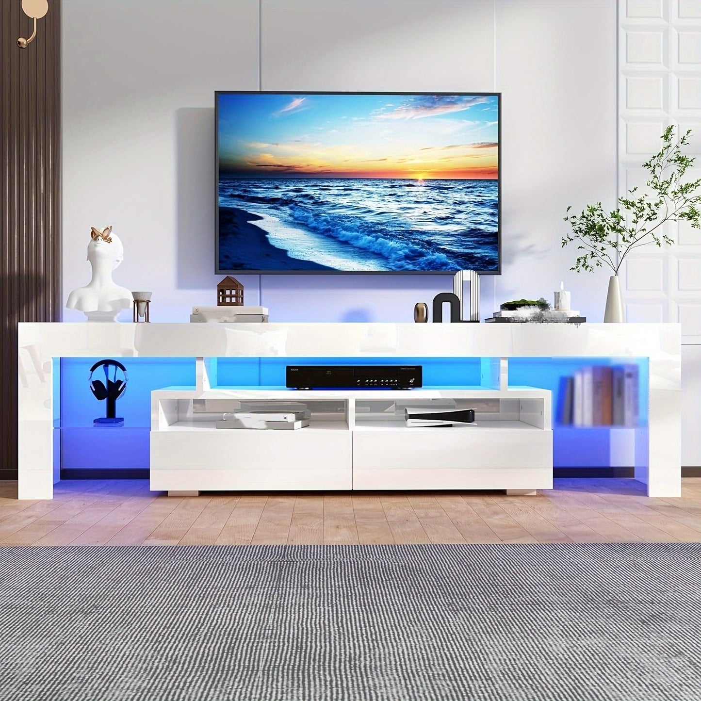 Modern LED TV Stand for Living Room, Black TV Stand, High Gloss TV Entertainment Center with Storage Drawer, APP RGB Light, TV Console