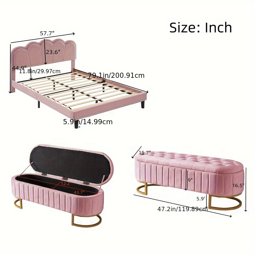 RIDFY 2-Pieces Bedroom Sets Full Size Upholstered LED Platform Bed With Storage Ottoman-Velvet, Pink