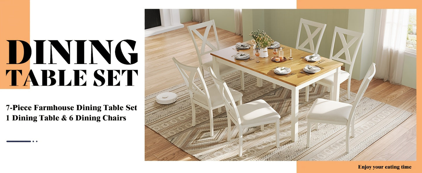 PAPAJET 7pcs Farmhouse Dining Set - 60" Solid Wood Table with 6 Upholstered Chairs, Hardwood Construction, MDF, White Finish, Ideal for Kitchen or Restaurant