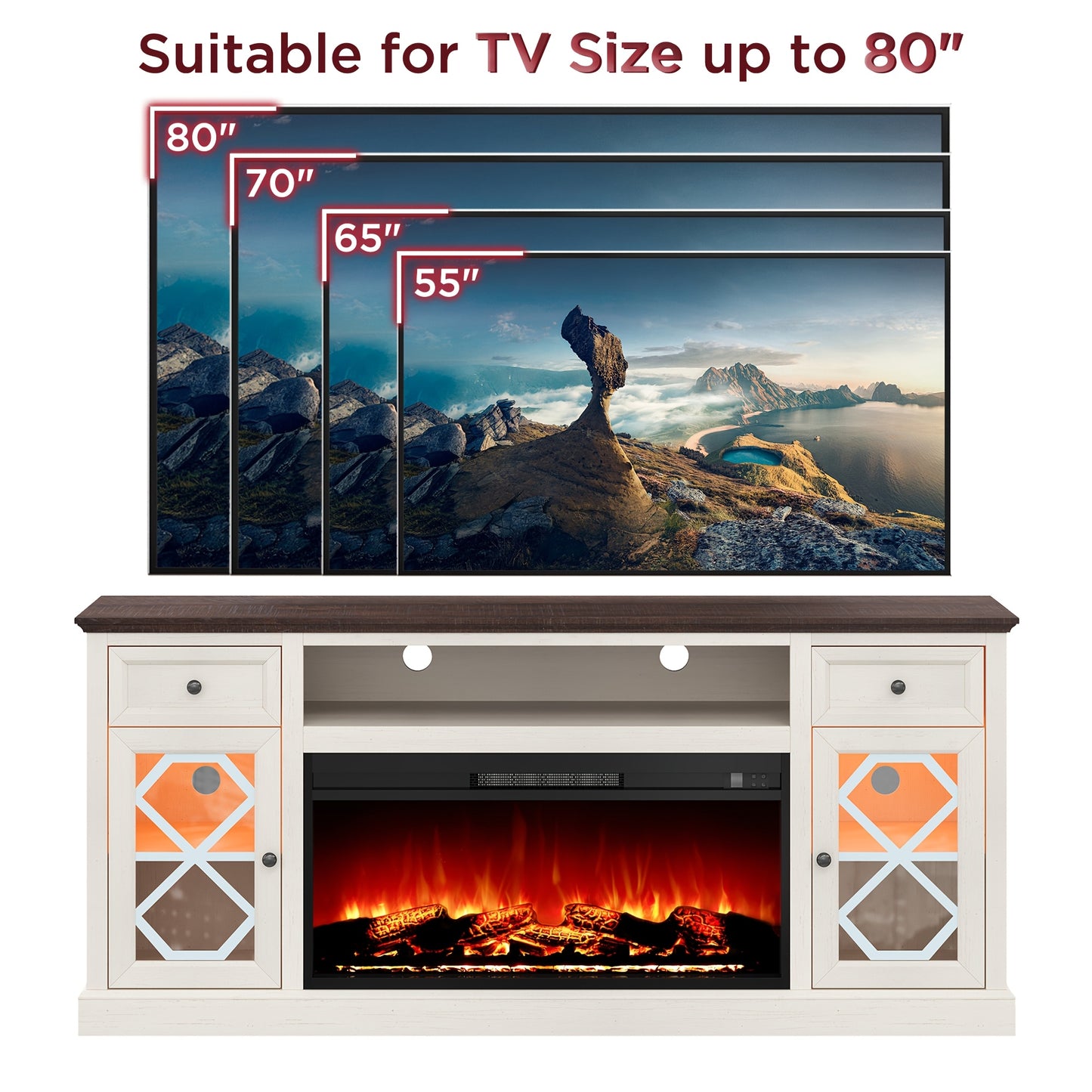 Rustic Farmhouse 70" TV Stand with 37" Electric Fireplace - LED Media Center for Up to 80" TVs, USB Powered, Hardwood Construction, Entertainment Center