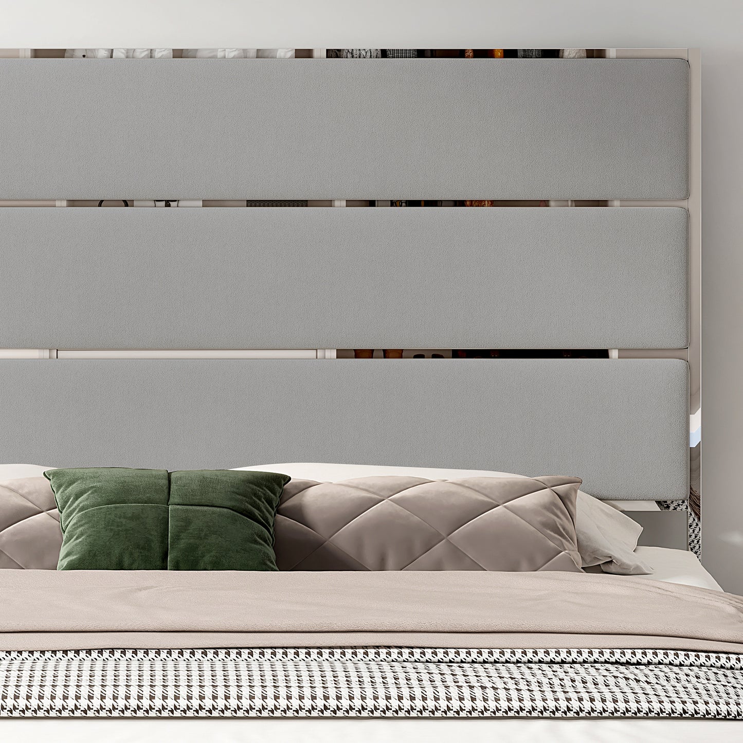 A Velvet Upholstered Platform Bed Frame comes with a 59" Tall Headboard and Footboard, emphasized by Silver Mirrored Plating - and a Box Spring is not necessary