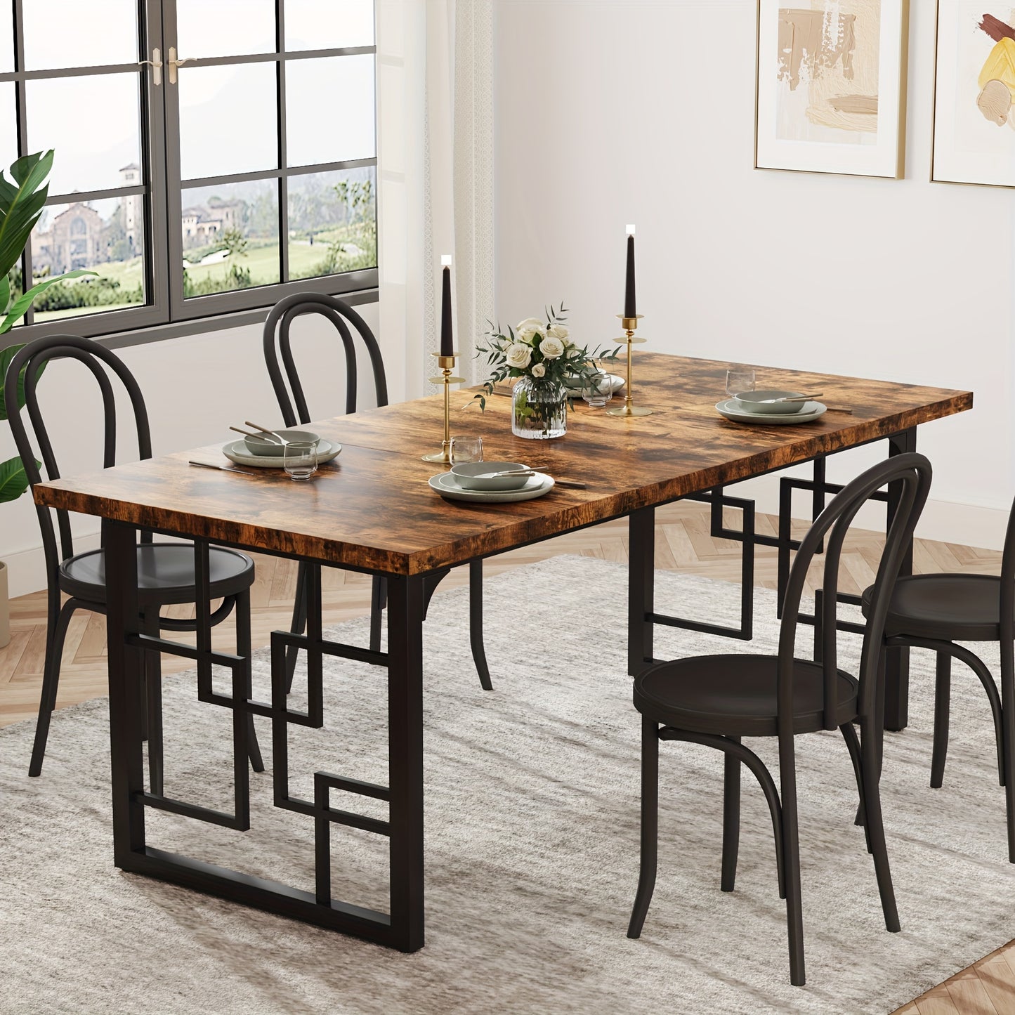 Industrial 63" Dining Table, Rectangular Wooden Kitchen Table In Rustic Brown With Black Metal Frame, Suitable For 4-6 People, Dinner Table For Kitchen, Dining Room, And Living Room