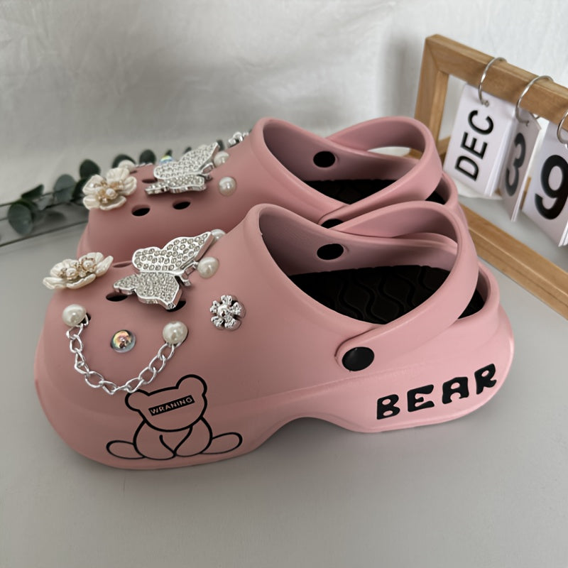 Casual Cartoon Bear Pattern Mules & Clogs for Women, Breathable EVA Platform Heel Clogs with Bow Embellishment, Versatile Indoor/Outdoor Fashion Footwear - Quanzhou Manufactured