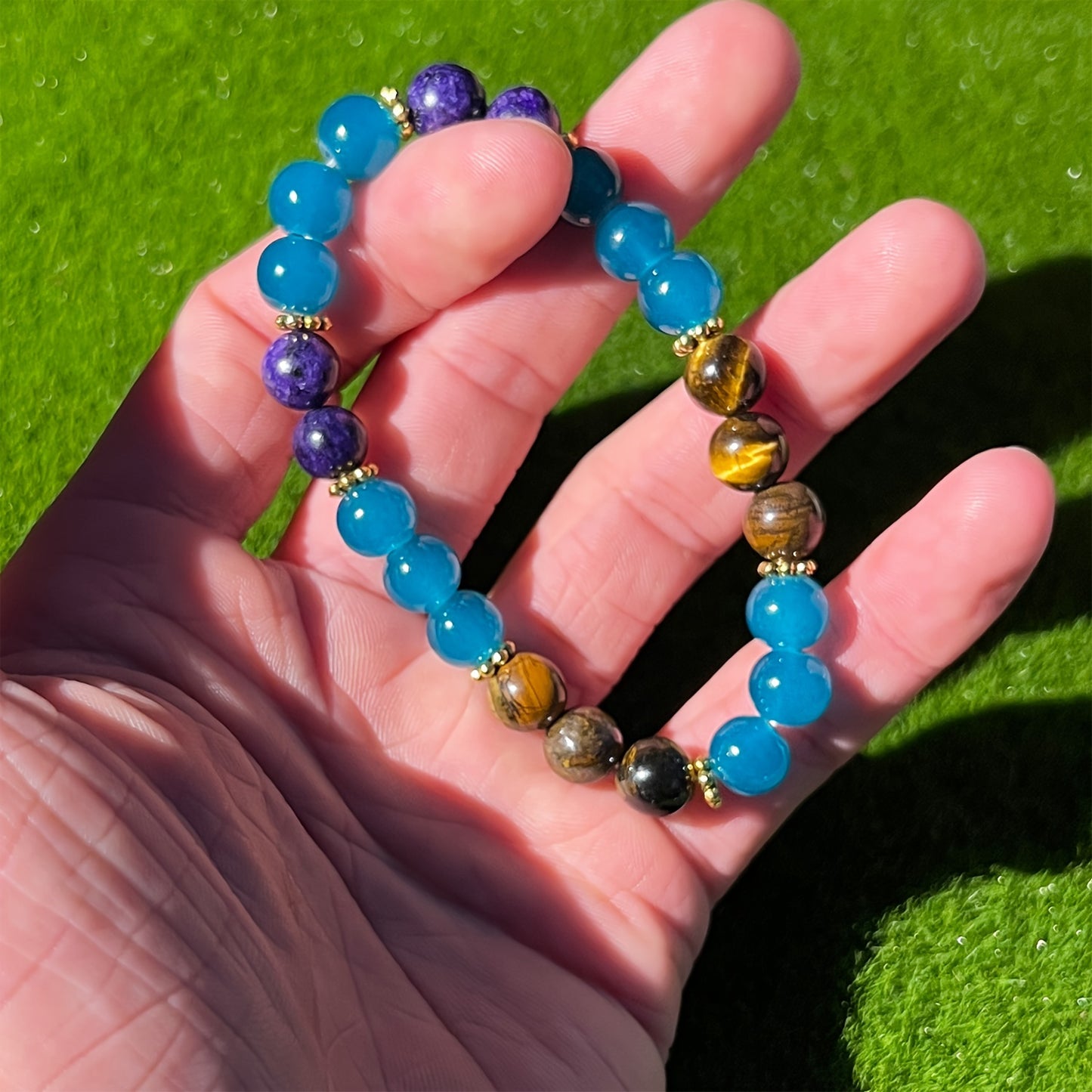 1pc Good Luck Gemstone Bracelet - Fortune Blessings Elastic Beaded Bracelet with Tiger'S Eye, Amethyst, and Turquoise Stones for Women