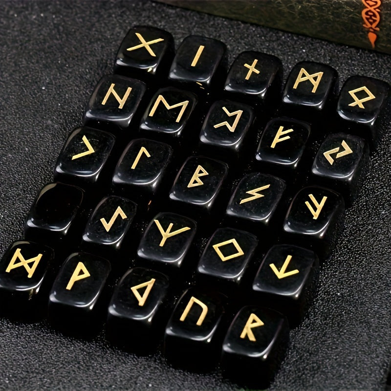 A Set of Natural Black Crystal Futhark Viking Rune Stones, Carved with Letters for Norwegian Witchcraft, Featuring Irregular Shapes, Totaling 25pcs.