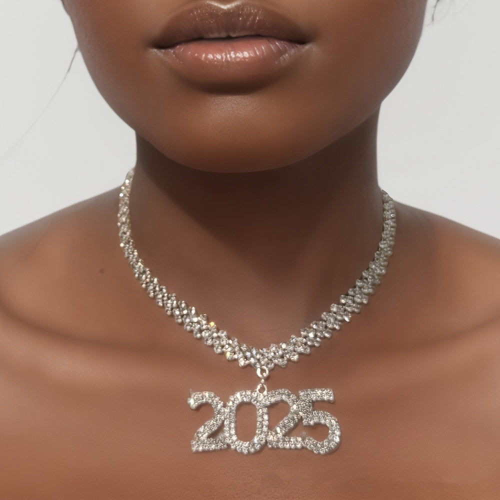 2025 Rhinestone Pendant Cuban Chain Necklace For Women, Hip-Hop Style, Unisex Fashion, Short Clavicle Jewelry, Festive Holiday Accessory, Iron With Rhinestone Inlay, Suitable For Parties, Music Festivals, Lunar New Year, All-