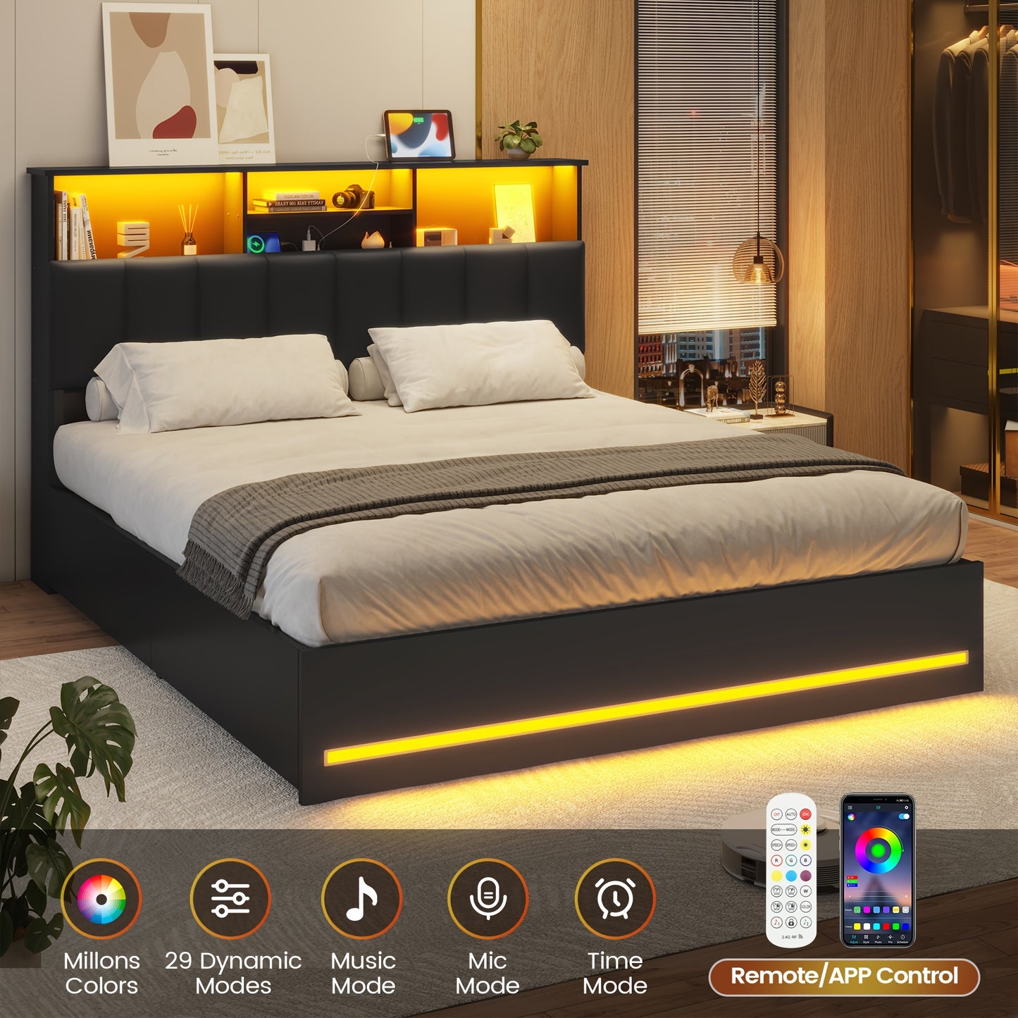 [Compact Storage] Queen Size Black Bed Frame with LED Headboard & 4 Storage Drawers - Modern Style, Metal Construction, Plug-In Power, Ideal for Organizing Bedroom Essentials