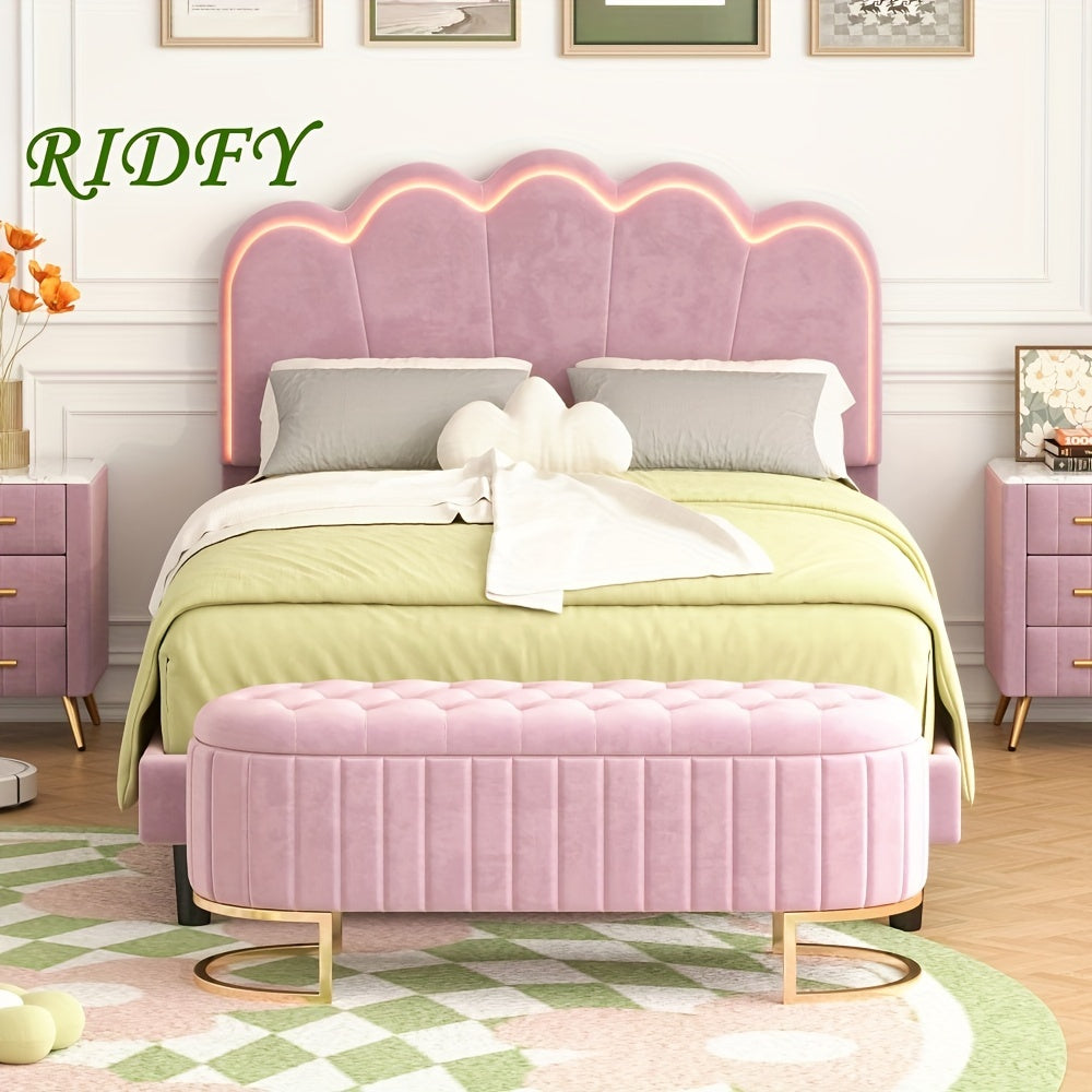 RIDFY 2-Pieces Bedroom Sets Full Size Upholstered LED Platform Bed With Storage Ottoman-Velvet, Pink