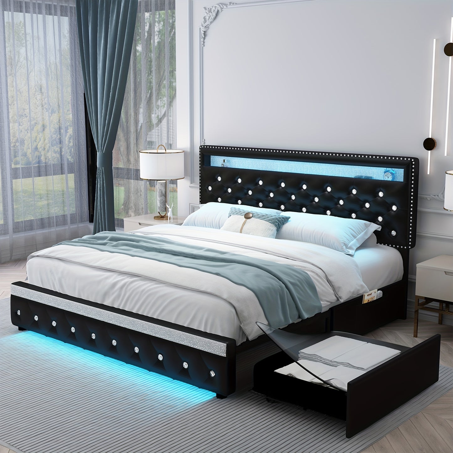 Sibeds Queen Size Bed Frame With LED Lights, Upholstered Bed Frames Full With 2 Storage Drawers, King Size Platform Bed With Adjustable Crystal Button Tufted Headboard, No Box Spring Needed, PU Luxury Beds Girls Men's Bedroom