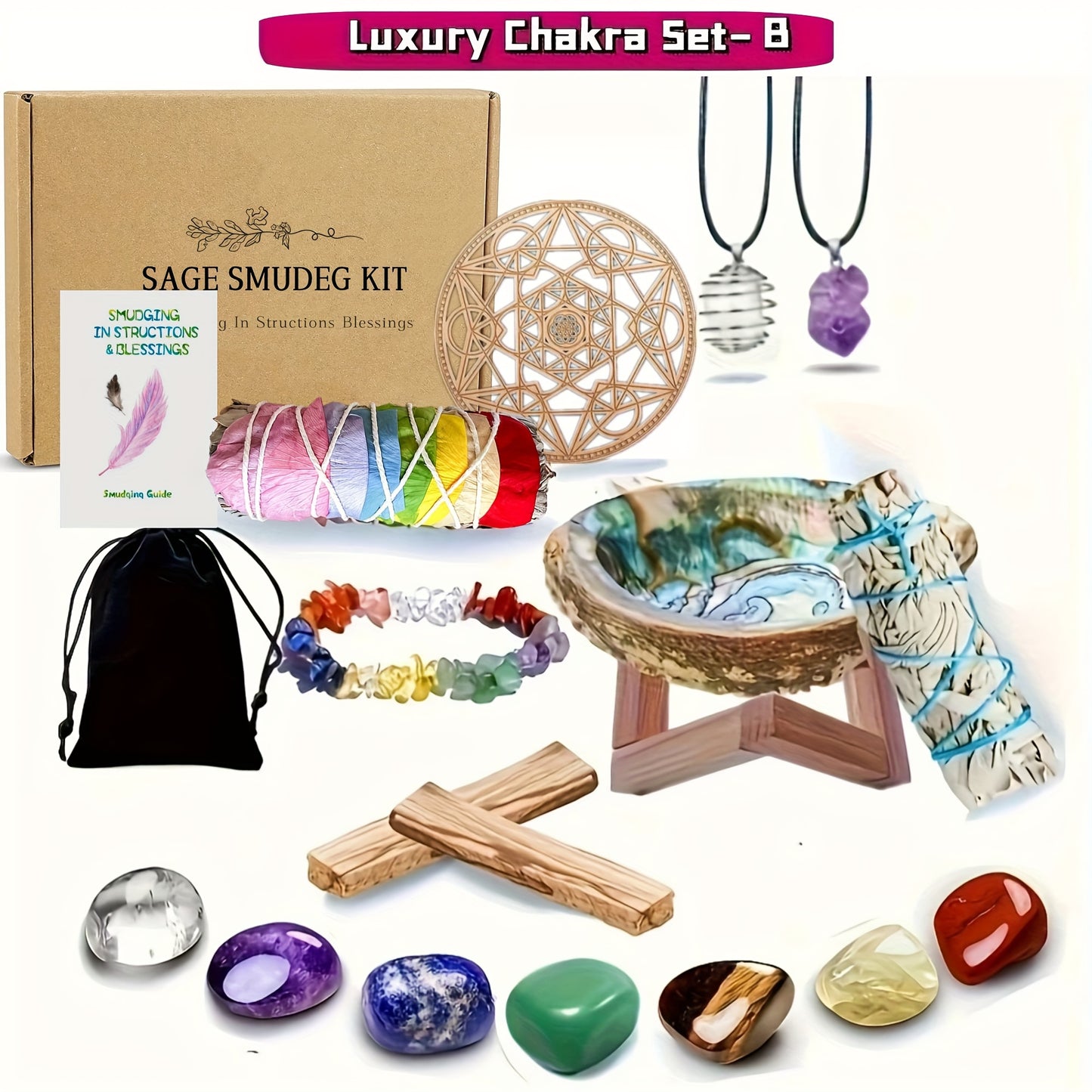 Sage Smudge Kit - Flower White Sage, Palo Santo, Stand, Engraved Symbols Polished Stones & Crystal Bracelet Meditation Instructions & Pouch -Jewelry Patterns