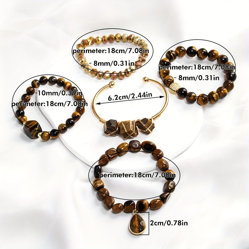 [Popular Choice] Bohemian Layered Women's Jewelry Set - 5pcs Natural Stone and Glass Beaded Elastic Bracelets with Irregular Tiger Eye and December Birthstone, Perfect for Daily Wear or Gifting, Perfect for Thanksgiving