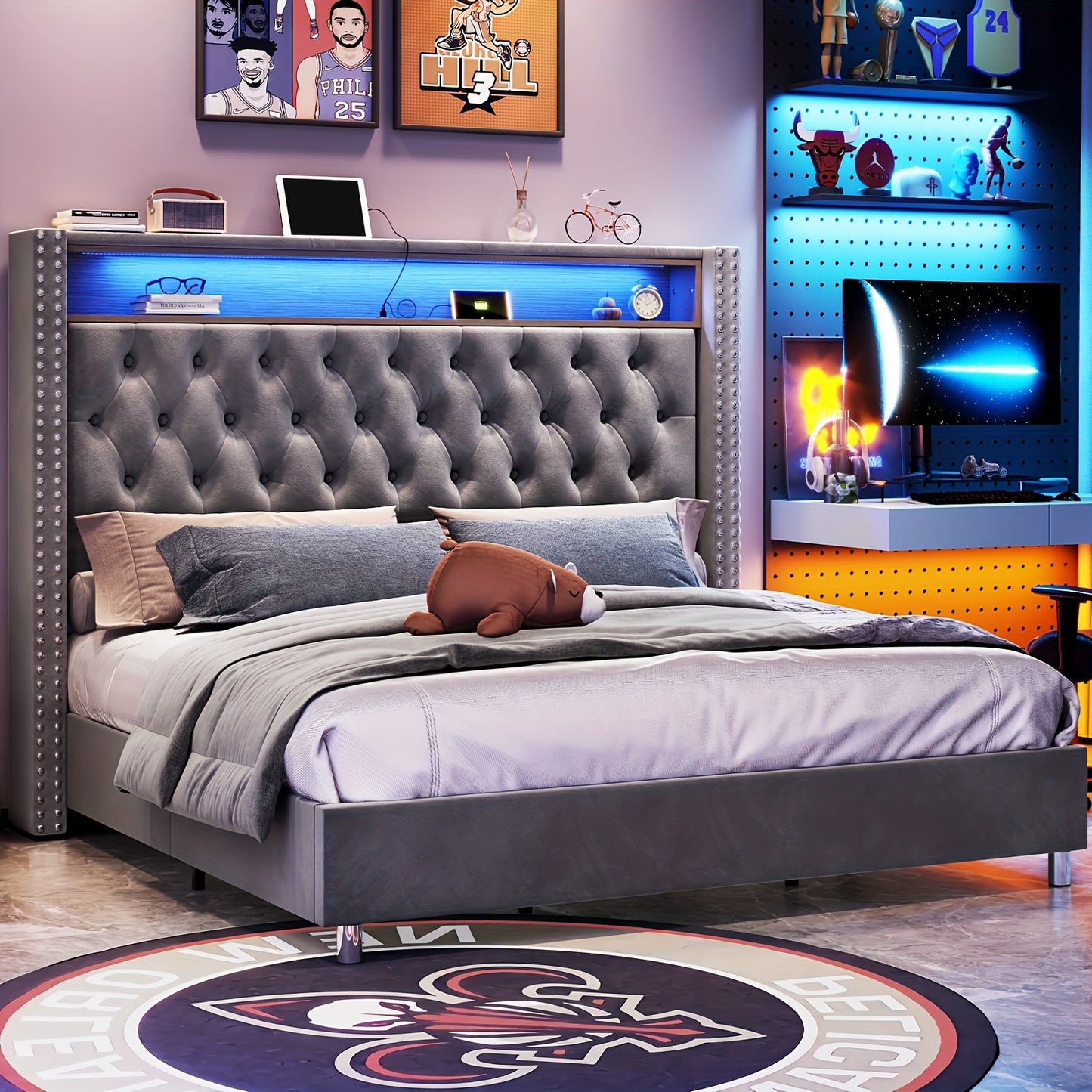 PaPaJet Velvet Upholstered Platform Bed Frame with LED Lights&Srorage Wingback Headboard