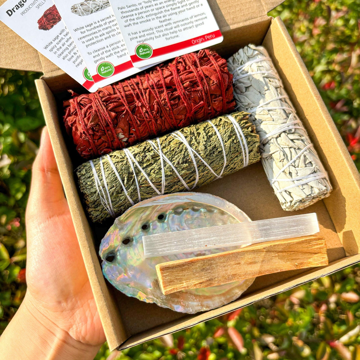 A Set Of Incense Kit - Contains White Sage, Cedarwood, Dragon's Blood Sage, Palo Santo, Abalone Shell, Amethyst Necklace, An Ideal Choice for Gifting