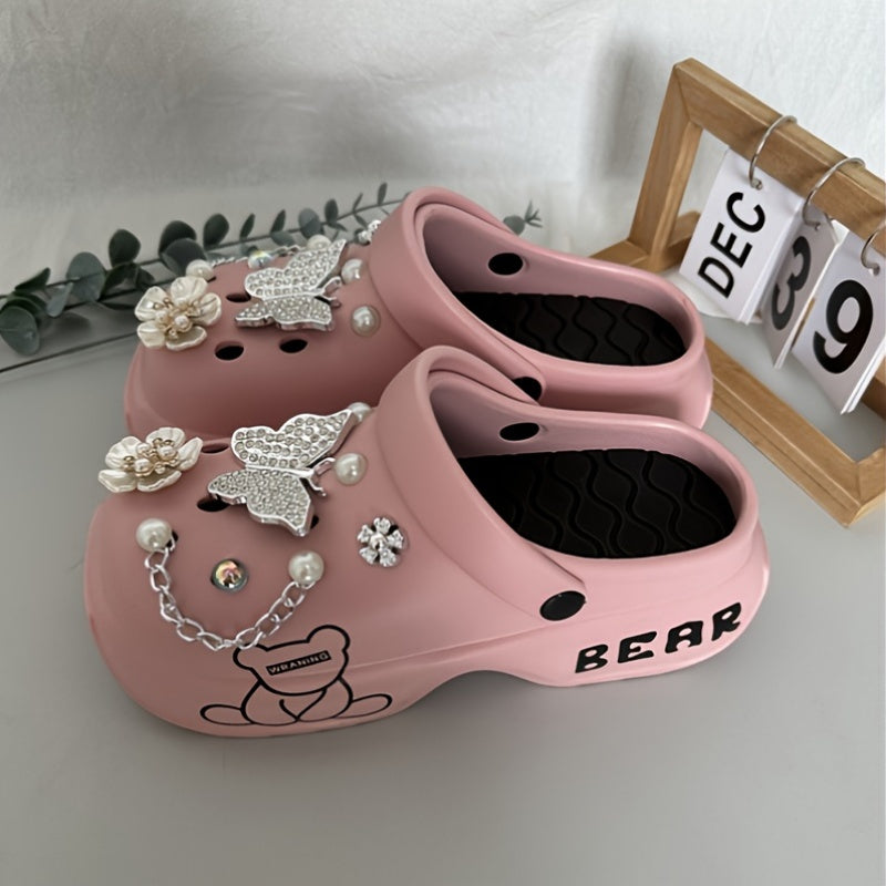 Casual Cartoon Bear Pattern Mules & Clogs for Women, Breathable EVA Platform Heel Clogs with Bow Embellishment, Versatile Indoor/Outdoor Fashion Footwear - Quanzhou Manufactured