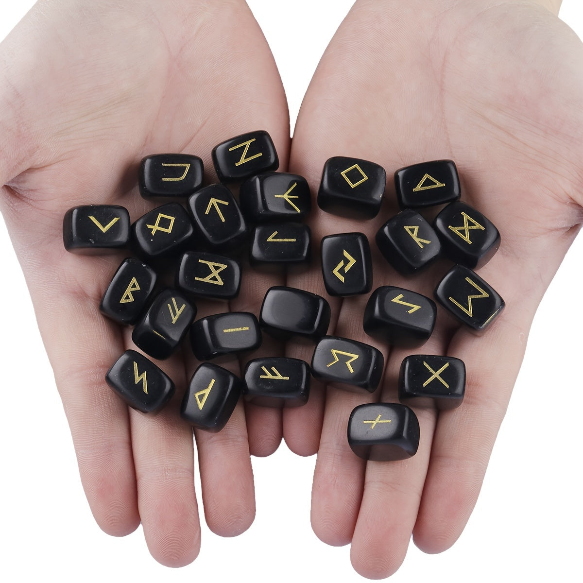 A Set of Natural Black Crystal Futhark Viking Rune Stones, Carved with Letters for Norwegian Witchcraft, Featuring Irregular Shapes, Totaling 25pcs.