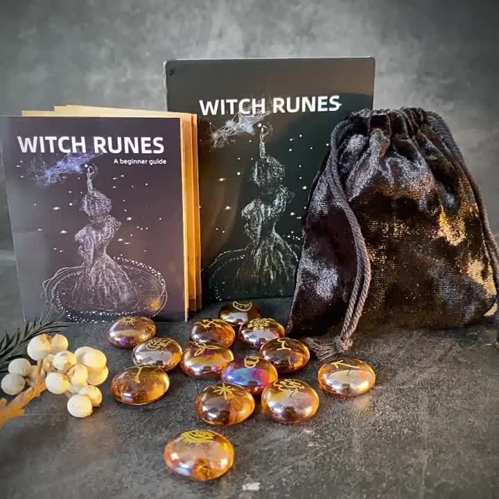 Witch Runes Set, Glass Divination Stones, 13-Piece Engraved Symbols with Guidebook and Storage Pouch, Party Supplies for Mystical Gatherings, Witchcraft Gift Kit for Adults Age 14+